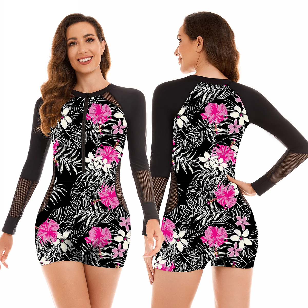 

Женский цельный купальный костюм с длинным рукавом, с сетчатым принтом