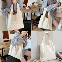 pink flower canvas vest bag shopper shoulder bag eco foldable reusable handbags book key phone storage bag large women tote bags