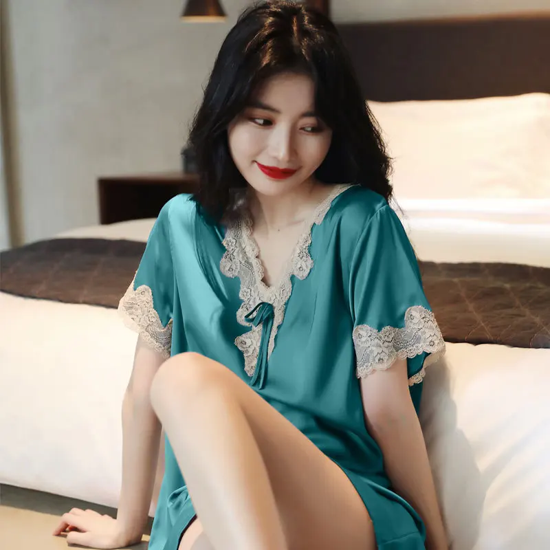 New Pajamas Female Summer Ice Silk Loose Large Size European Sexy Lace Short Sleeved Sleeping Dress Sleepwear Women