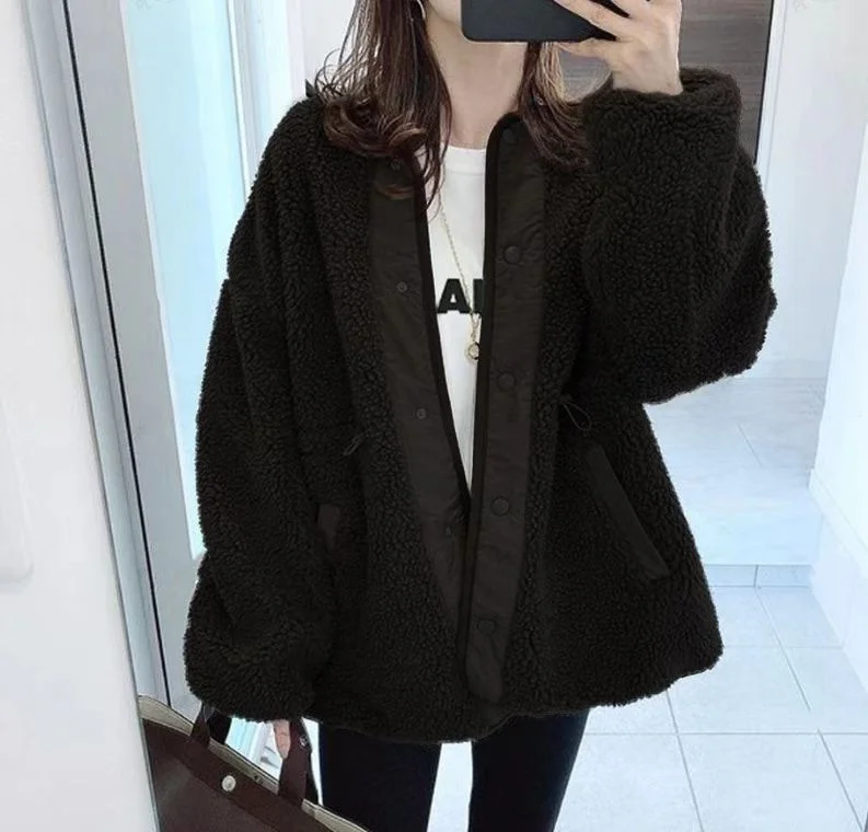 Winter Short Cotton Padded Jacket Long Sleeve Tops Loose Thickening Warm Faux Fur Jacket Japanese New Style Cute Button Overcoat