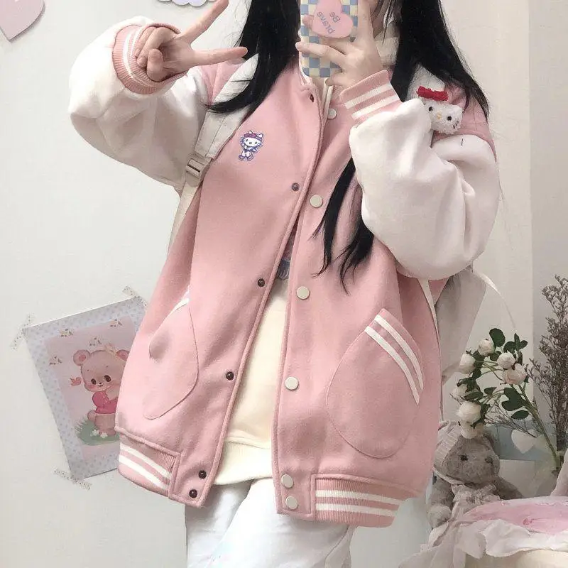 

Sanriod Anime Hobby Kitty American Style Baseball Uniform Autumn and Winter Loose Student Jacket Women's Top All-Match Style