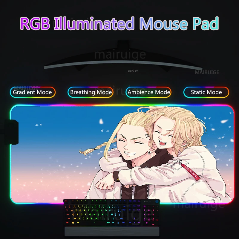 RGB Led Mouse Pad Rugs MousePad Backlight Gaming Accessories XXL Large Keyboard Mouse Mat Mikey Anime Tokyo Revengers Desk Mats