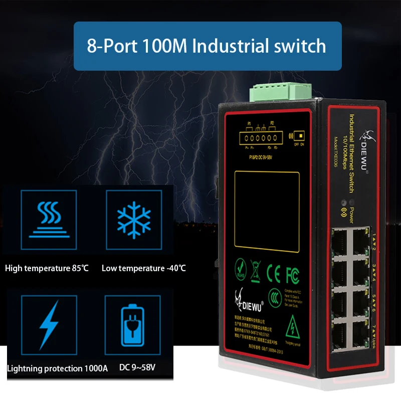 

Промышленный сетевой коммутатор, RJ45, для усиления сигнала, 9-58 В постоянного тока, защита от перепадов напряжения, 10/100 Мбит/с, 8 разъемов Ethernet