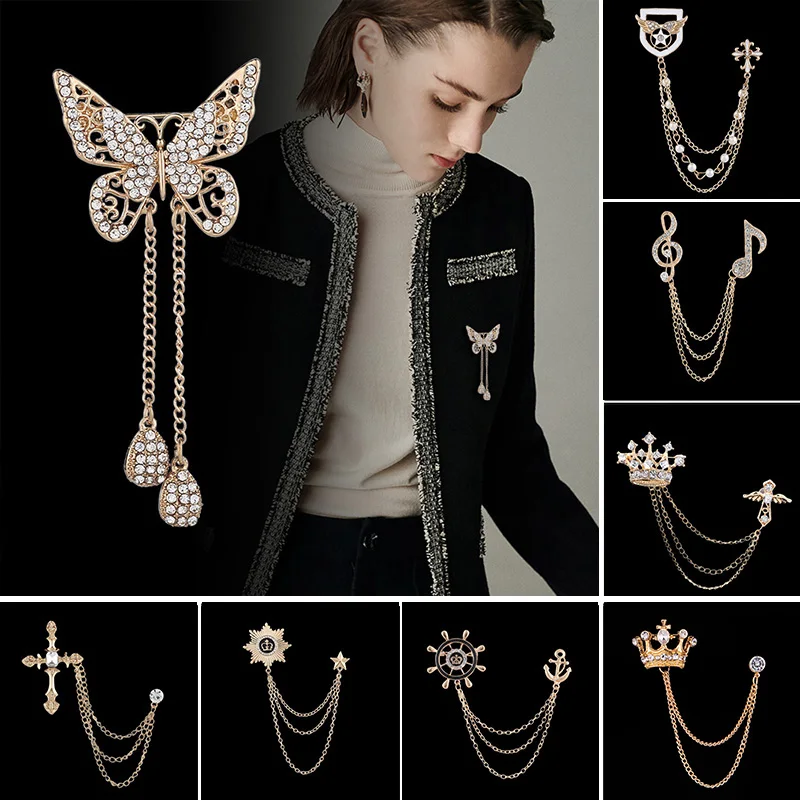 

Korean British Style Crown Bird Brooch Cross Suit Tassel Chain Lapel Pin Angle Wings Badge Retro Female Corsage Men Accessories