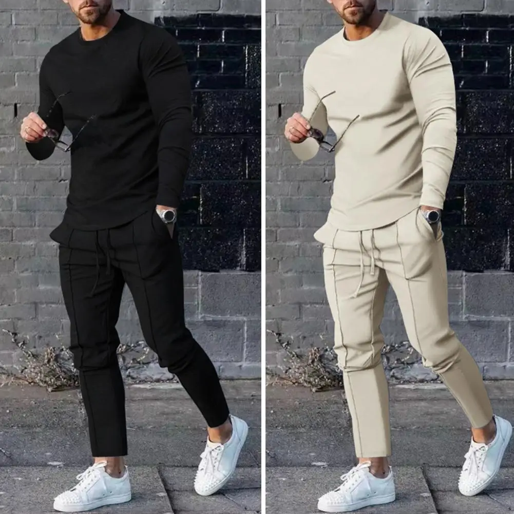 Classic Mid-rise 3D Cutting Hip Hop Pure Color Pullover Sweatshirt Casual Sweatpants Set Stretchy Men Outfit for Training