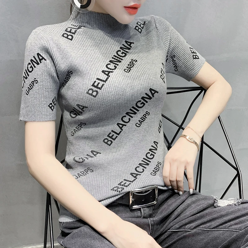 

Summer European Clothes Knitted T-Shirt Chic Sexy Mock Neck Letter Women's Short Sleeve Tops Bottoming Shirt Elastic Tees 2019