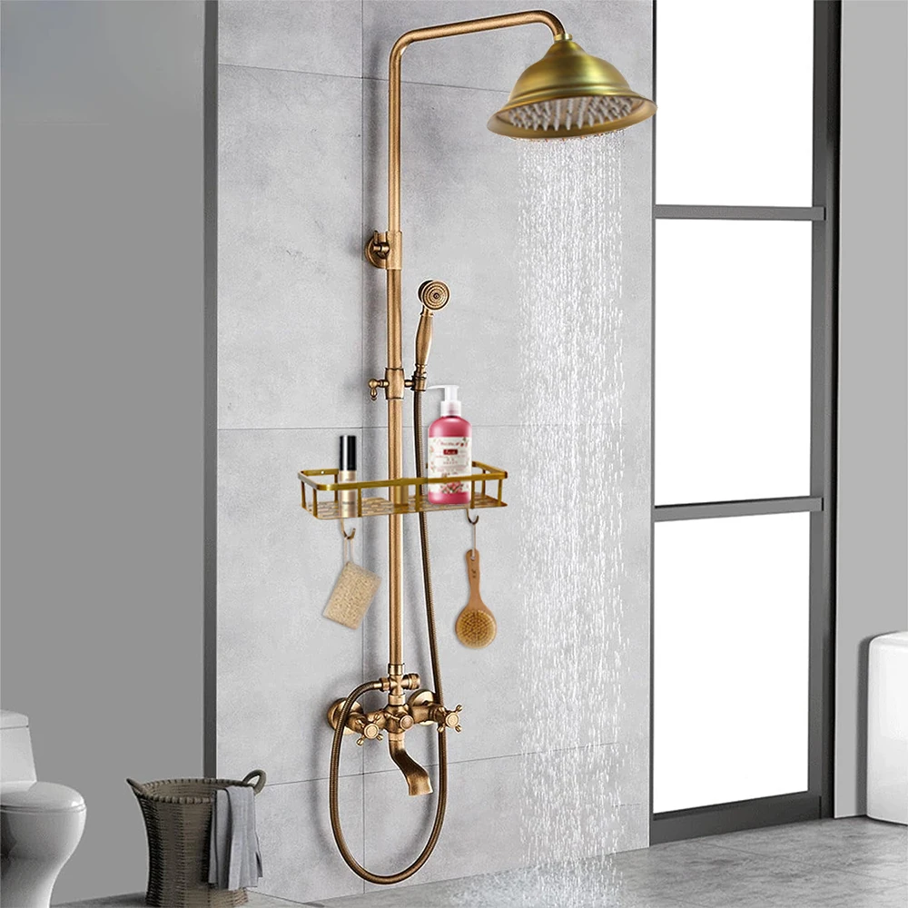 

Набор смесителей для душа KEMAIDI из античной латуни, дождевая Лейка для душа с полкой для продуктов, Душевая система, кран с поворотным носиком