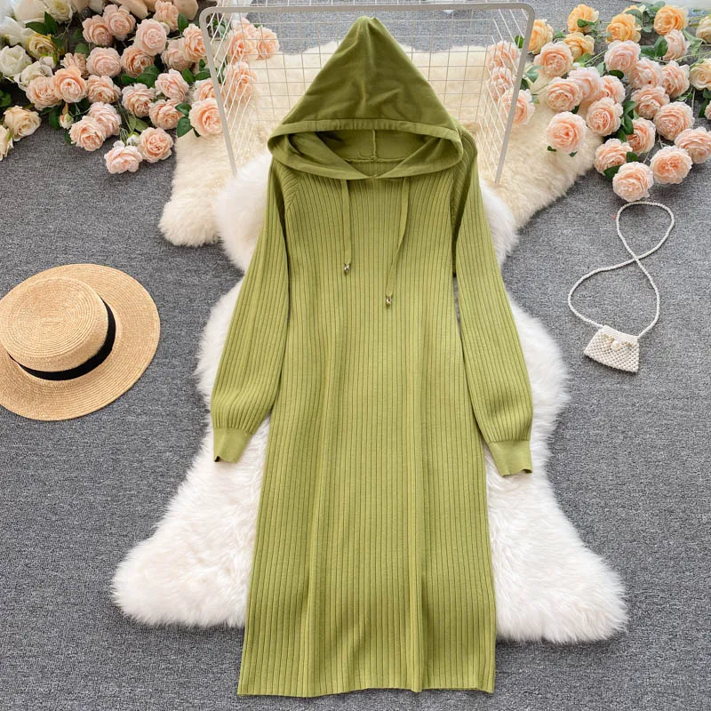 

Croysier Women Dresses 2021 Autumn Winter Warm Hooded Long Sleeve Loose Casual Sweater Dress Ribbed Knitted Elegant Midi Dress