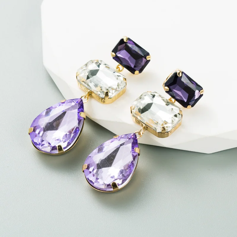 

Purple Lake Blue Long Dangle Drop Earrings For Women Trend Luxury Crystals Geometric Wedding Party Shiny Earring Jewelry