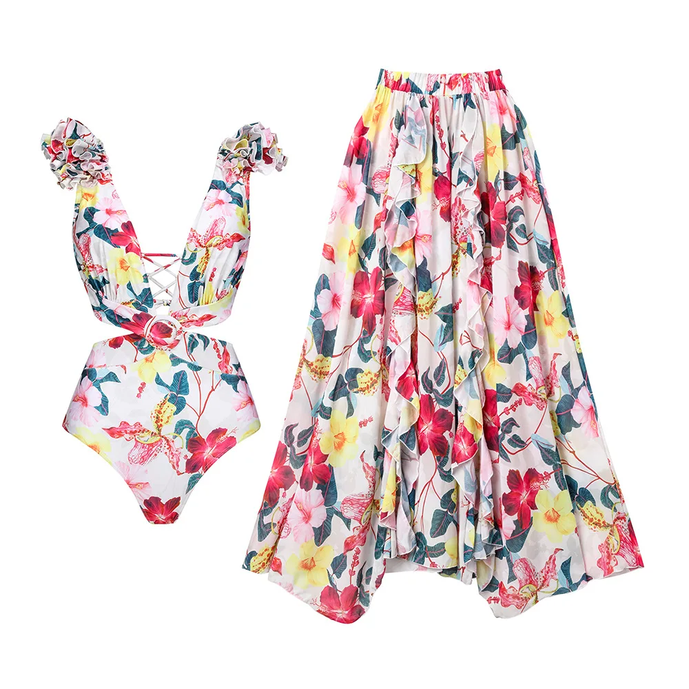 

One-piece Printed Swimsuit Women Ruffled Floral Print Swimwear Waistbelt Swimsuit Cover-up Beach Vacation Long-sleeved Bikini