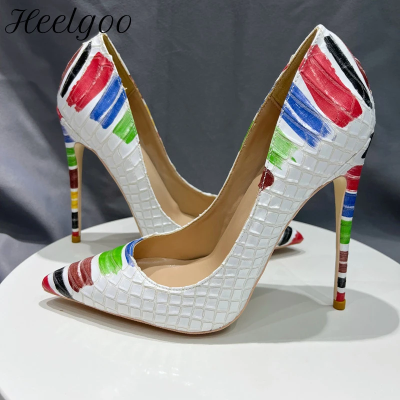 

Heelgoo Graffiti Crocodile Effect Women Pointy Toe High Heel Shoes White Sexy Slip On Stiletto Pumps for Party Wedding Show
