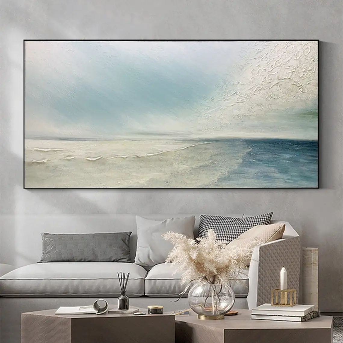 

Sandy Beach Ocean Hand Painted Oil Painting On Canvas Blue Sky White Clouds Abstract Seascape Coastal Painting Large Wall Art