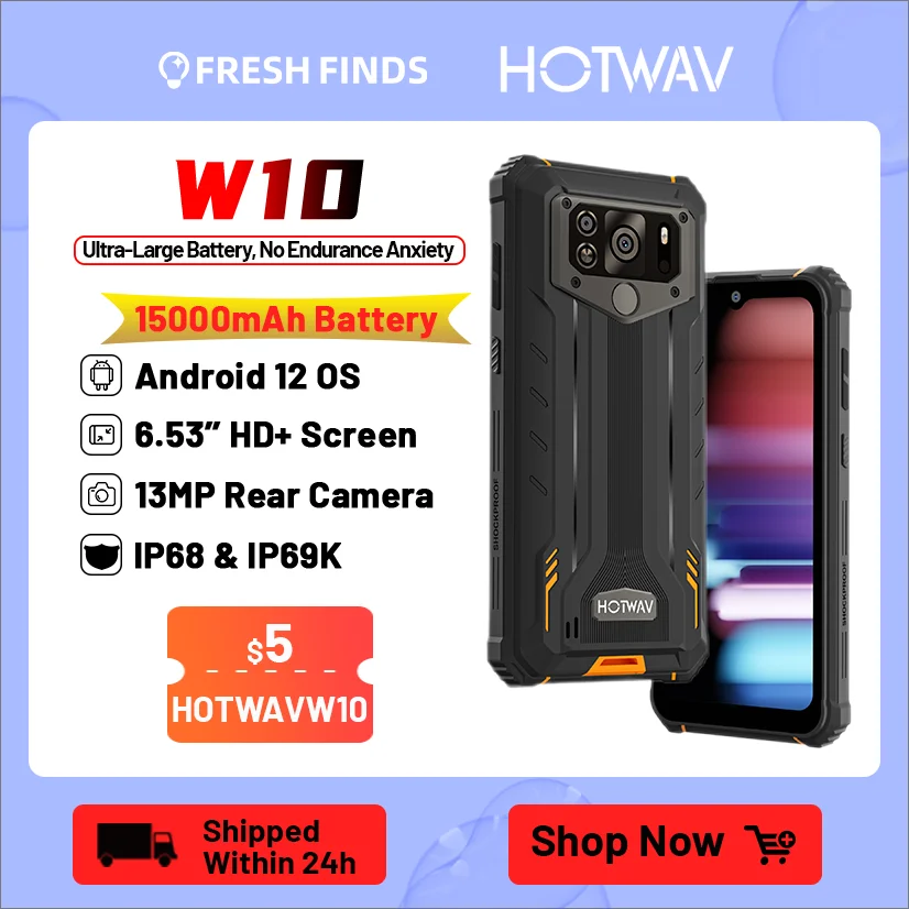 HOTWAV Rugged Large Battery Smartphone Android 12 Mobile Phone 13 MP Camera Cellphone W10 IP68 IP69K 6.53'' HD+ 4GB 32GB