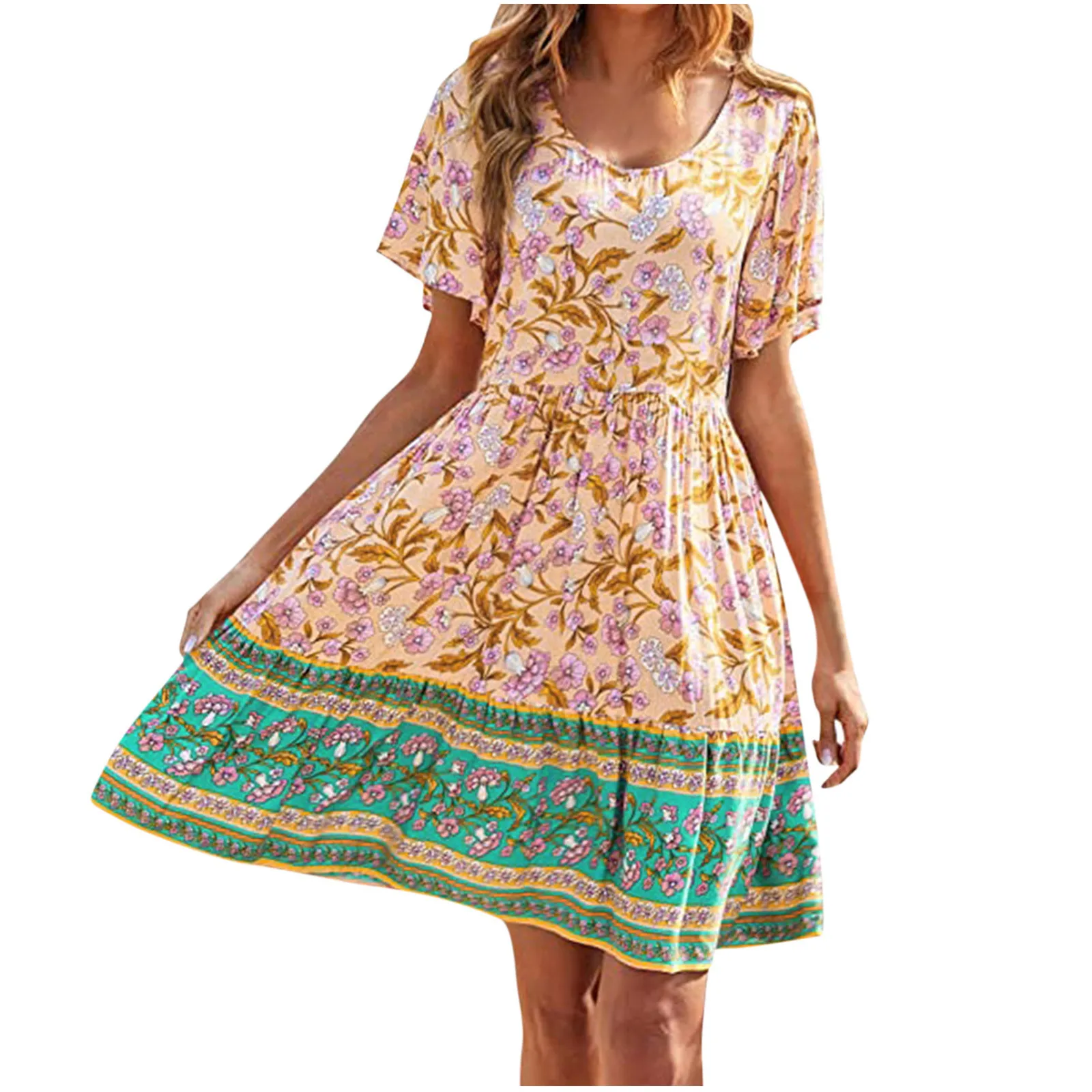 

Summer Dresses Ladies 2022 Dress Casual with Floral Pattern Dress Woman Clothes Short Sleeve Swing Flowy Sundresses Beach Boho