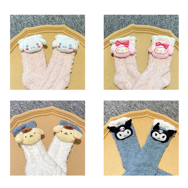 

Kawaii Sanrios, плюшевые носки Hellokittys, My Melody, Cinnamoroll, коралловый флис, милый рисунок, для девочек, зимние предметы первой необходимости, украшение, по...