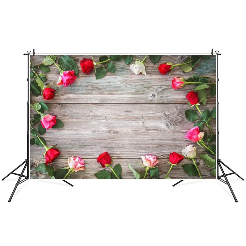 

Red Rose Flowers Wooden Planks Photography Backdrops Custom Green Leaf Wood Board Baby Party Decoration Photo Backgrounds Props