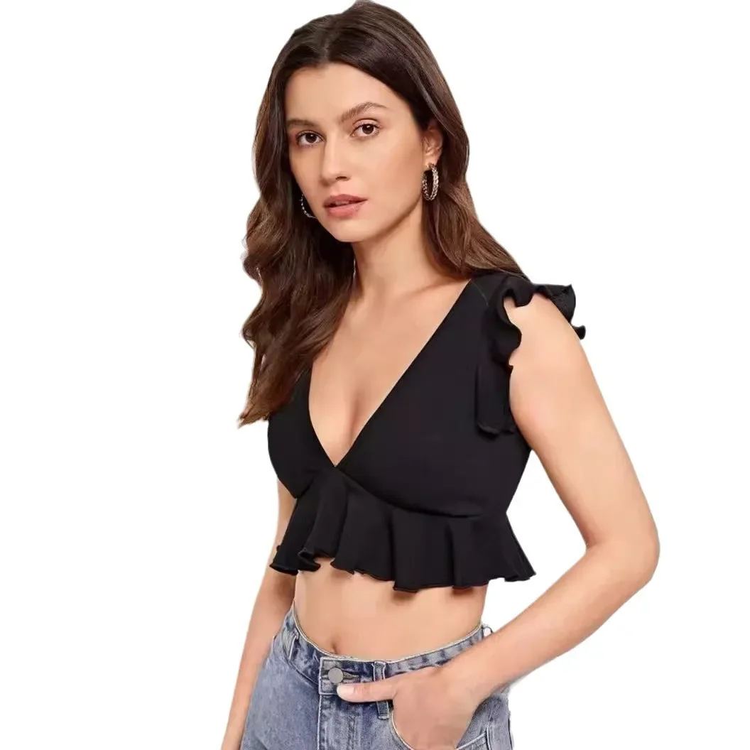 Женский топ с оборками и V-образным вырезом без рукавов