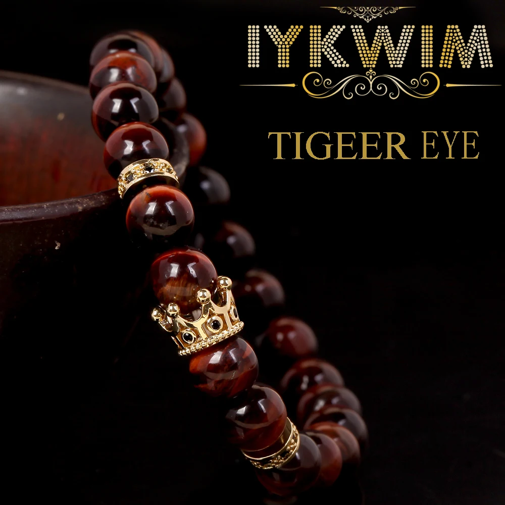 

Natural Red Tiger Eye Stone Beads Bracelet Micro Pave Zircon Spacer Crown Jewelry Gift For Men Women Fashion Elastic Rope 8mm