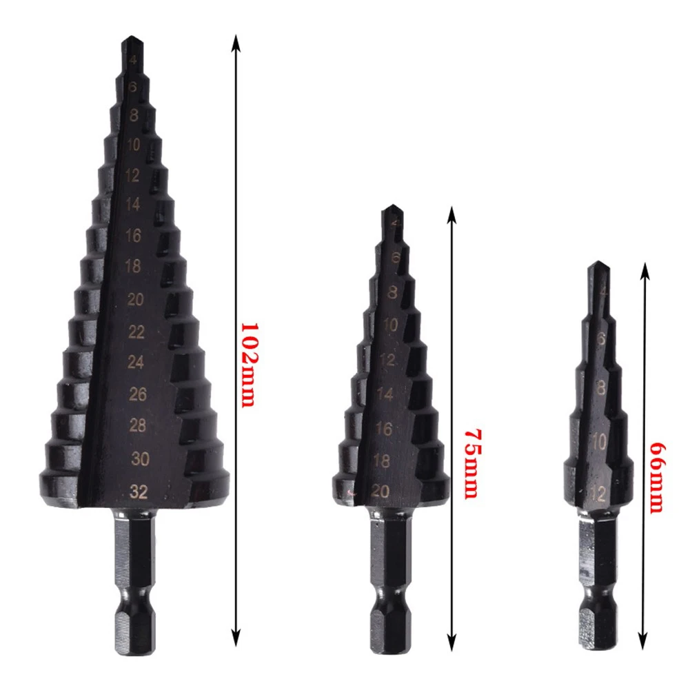 

4pcs Step Drill Bit With Center Punch 4-12mm/4-20mm/4-32mm Hand Drills Hexagonal Handle 250-400 RPM High Speed Steel Power Tool