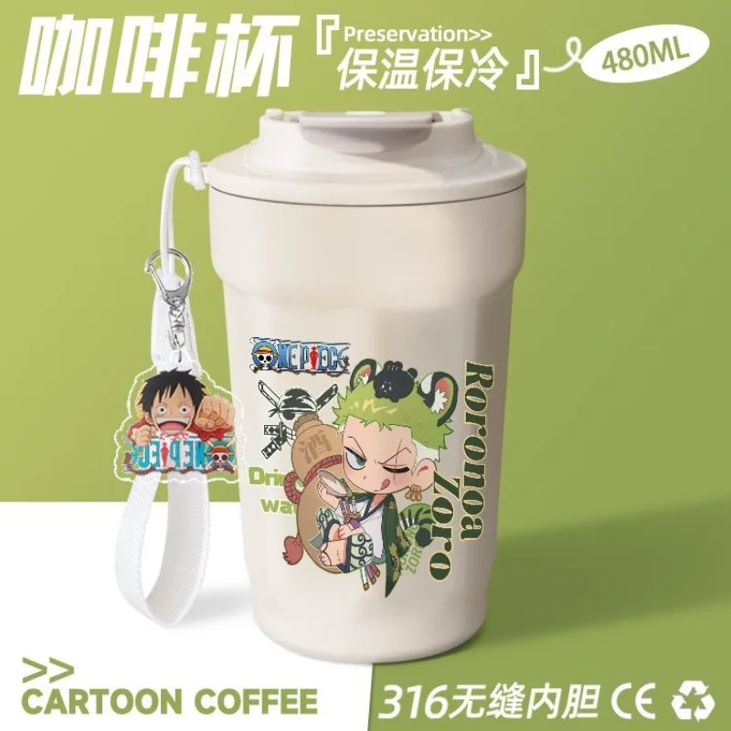 Фото Новая кофейная кружка с аниме-принтом One Piece (Дофламинго, Зоро, Санджи), большая вместимость, персонализированная термокружка из нержавеющей стали. №4