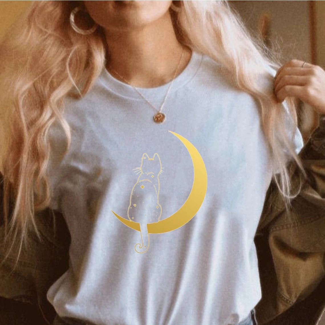 Женская футболка с рисунком мистической Луны и кота хлопковая Футболка