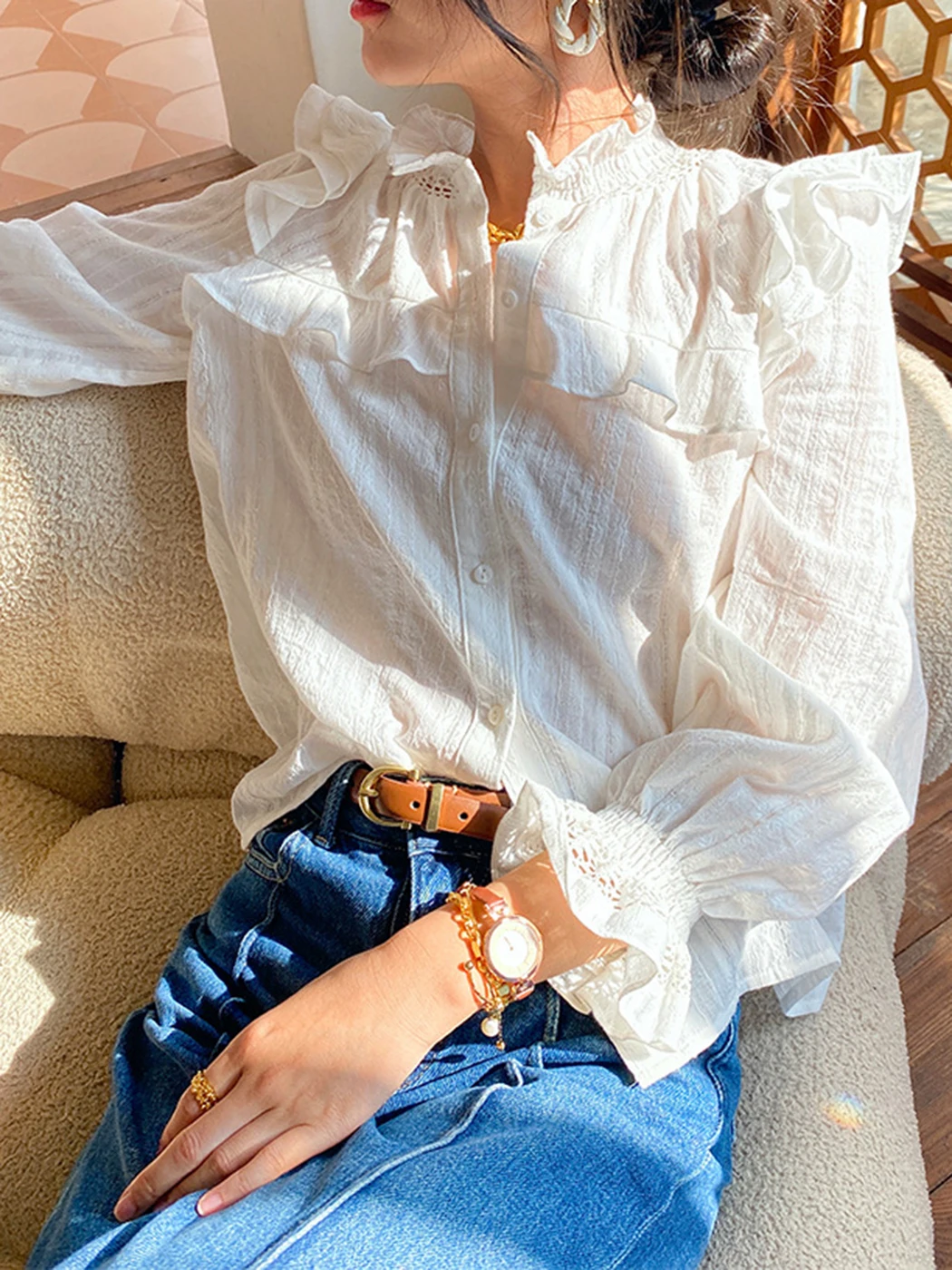 

Jastie 2022 French Elegant Chic Cardigan Shirt Women Spring Ruffles O Neck Long Sleeve Casual Shirts Boho Holiday White Blouses