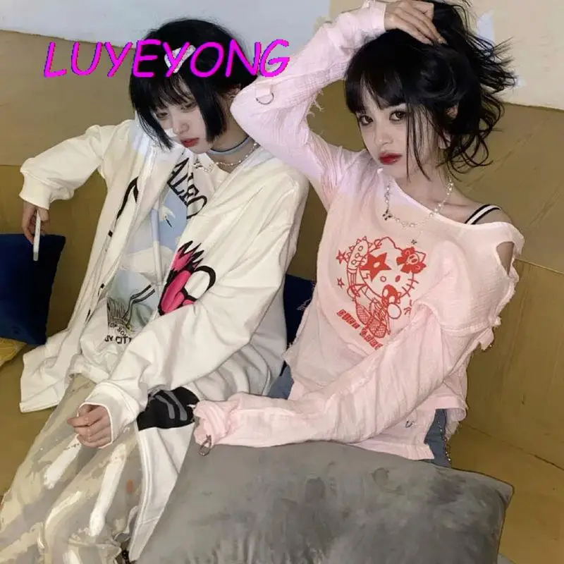 

Kawaii Cartton Печать Леди Y2k Футболка Harajuku японский Топ Милая девочка розовая с открытыми плечами футболка корейская мода одежда