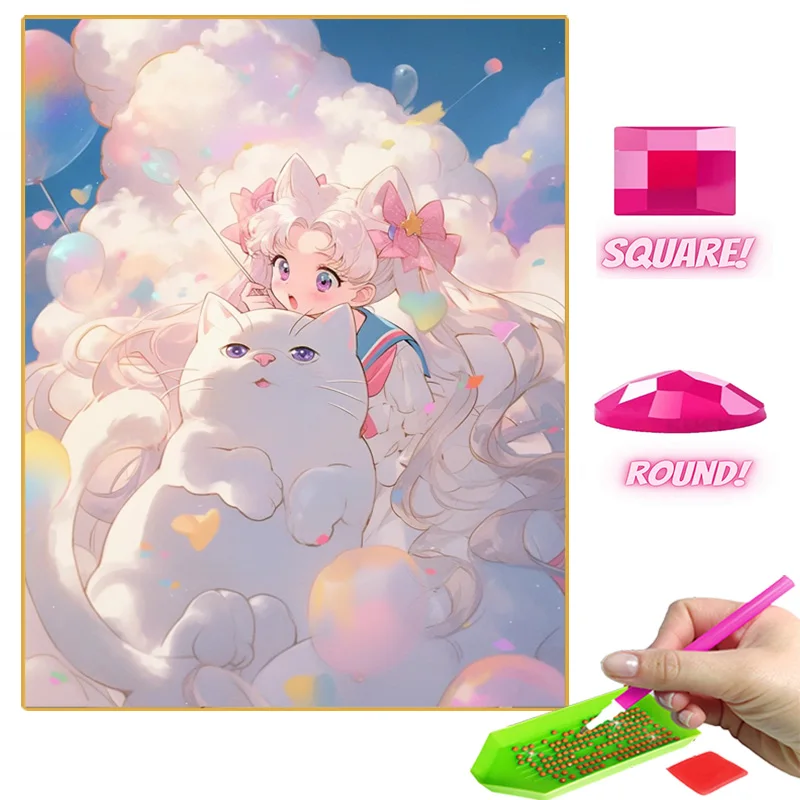 Алмазная картина с изображением кота и девушки мозаика милая портретная