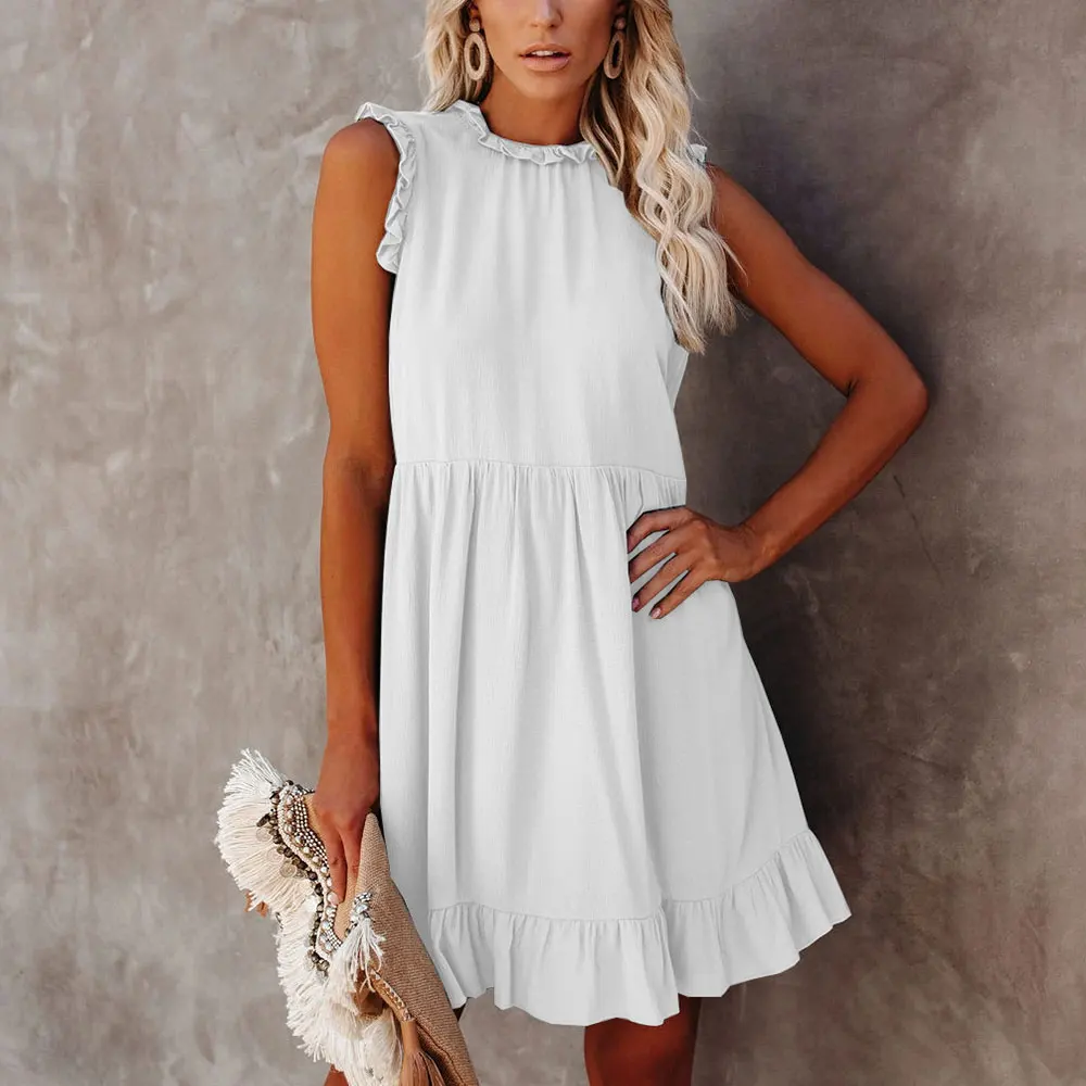 

Off Shoulder Ruched A-Line Casual Women Ruffles Round Neck Sleeveless Summer Mini Dress Solid Basic Loose Party New