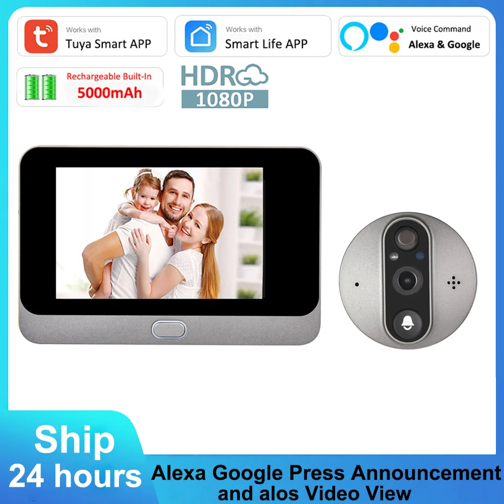 Tuya 1080P WiFi Door Peephole Camera 4.3' LCD Video Door Bell PIR Detection Lens Wide Angle Infrared Alexa Google Digital Viewer