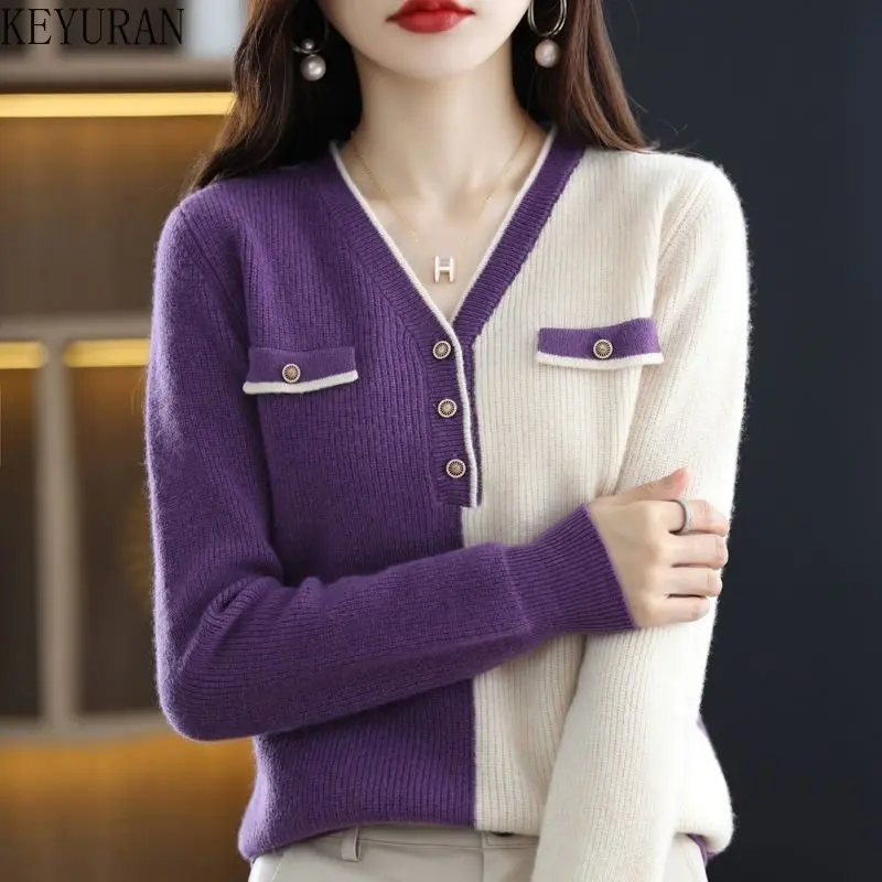 

V-Neck Spliced Knitted Sweater Women's Pullovers 2023 Autumn Korean Fashion Long Sleeve Loose Knitwear Tops Sueter Mujer Jumper