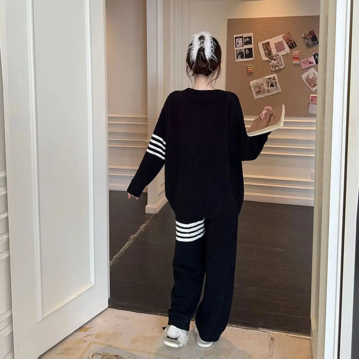 Зимний женский теплый комплект одежды для сна из кораллового флиса полосатая