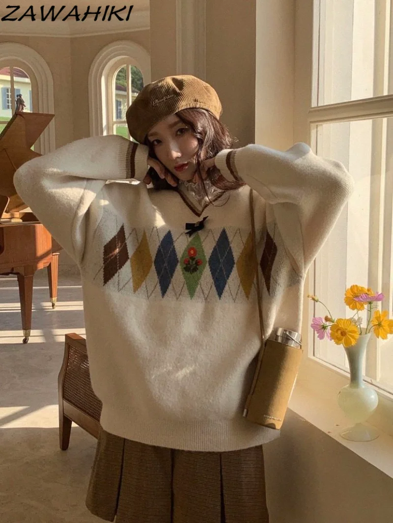 

Elegant Argyle Knitted Sweater Harajuku Pullover Jumper Vintage Japanese V-neck Loose Knit Cotton Sweaters Women Clothes
