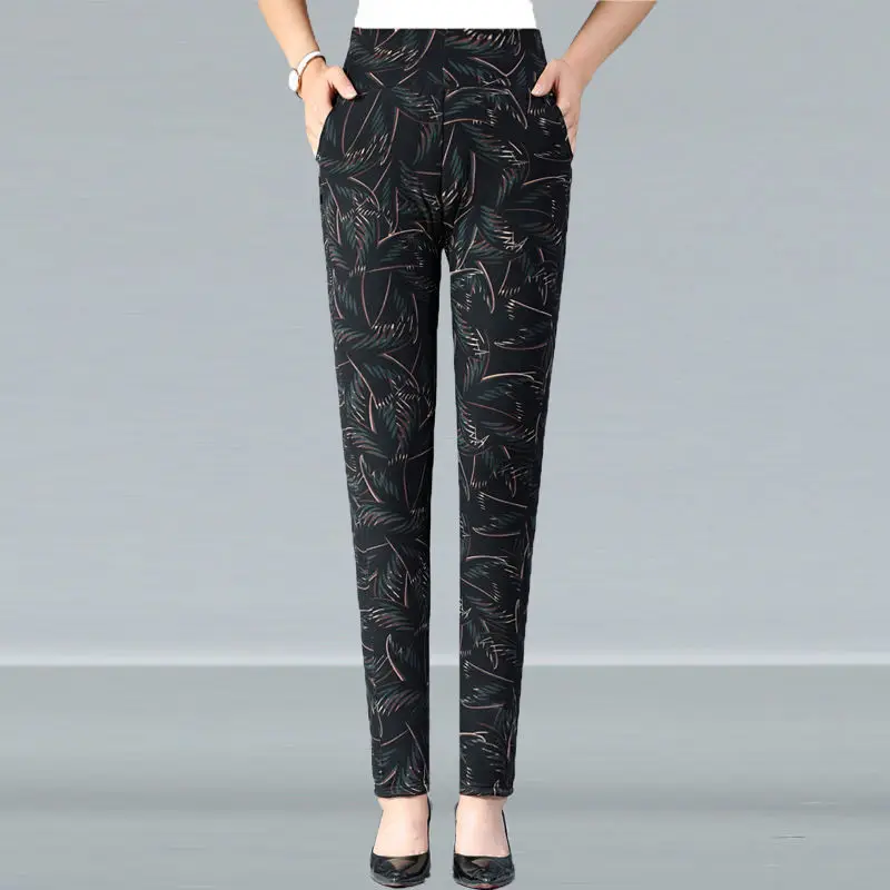 

2022 Winter Women's Fashion Middle-aged Cotton Pants Female Casual Straight Trousers Ladies High Waist Printed Warm Pants C28