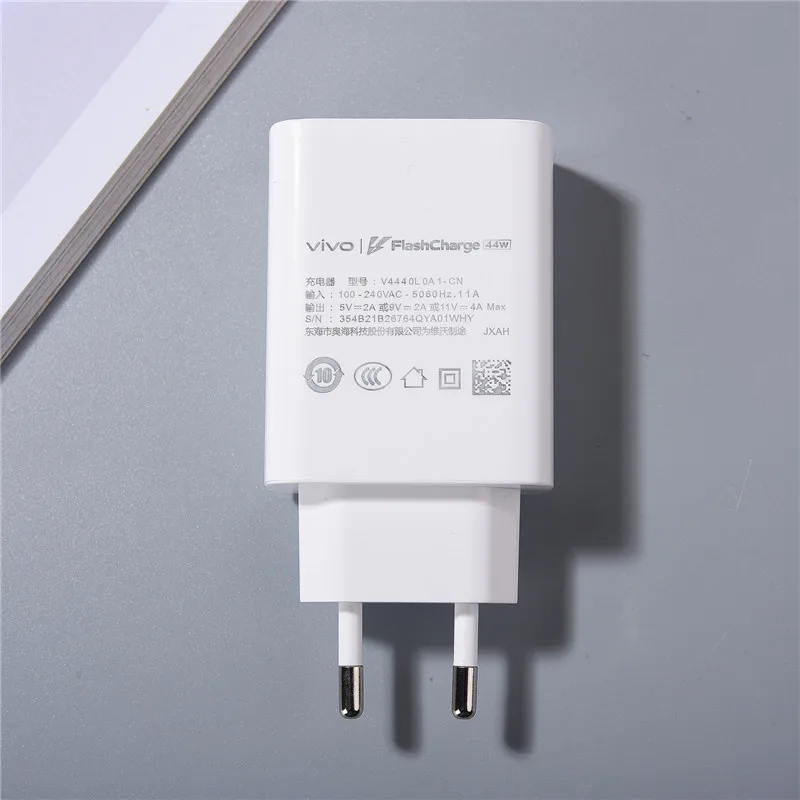 Фото Оригинальный Vivo 44 Вт FlashCharg 2,0 зарядное устройство ЕС США адаптер для быстрой зарядки 100 см Type C кабель для Vivo X50 X30 X60 Pro S7 S12 iQOO Z1X №2