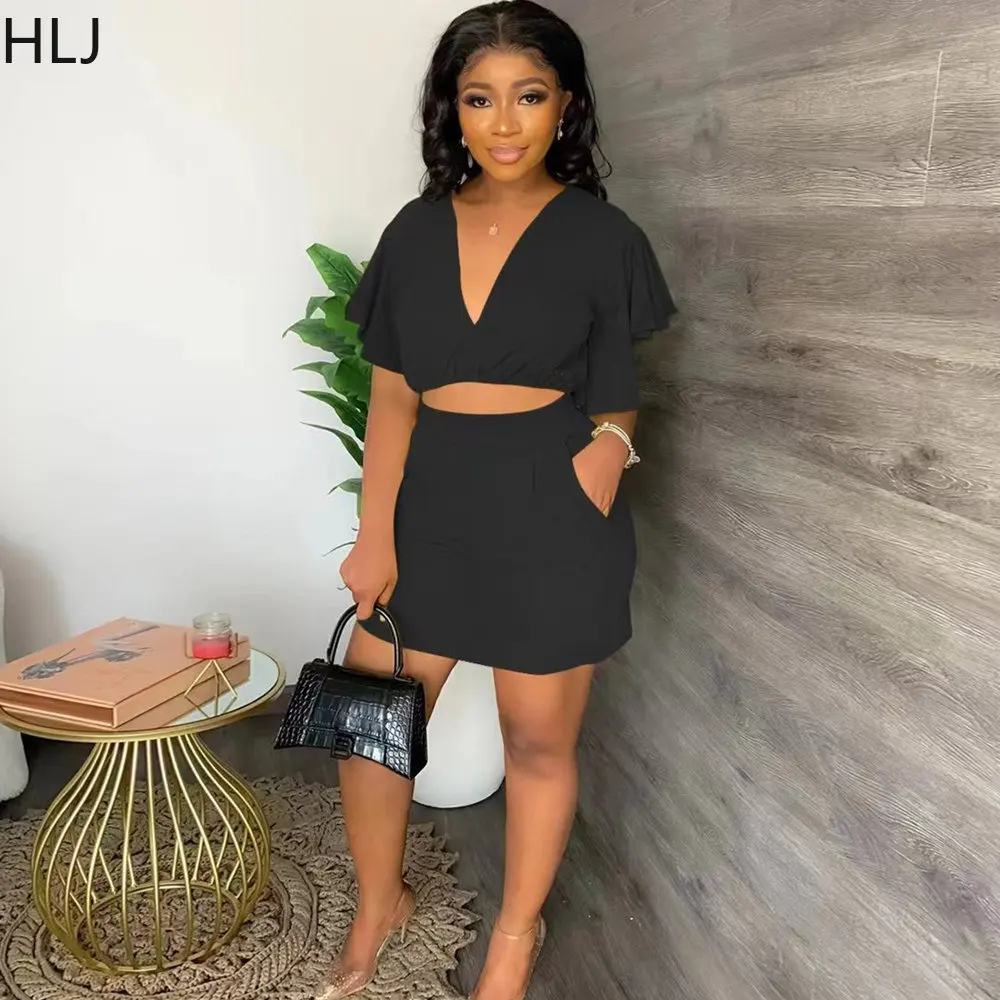 

HLJ Elegant Office Lady Two Piece Sets Women Outfits Casual V Neck Crop Top And Mini Skirts Suits Female Solid Matching Clothes