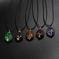 natrual stone tree of life pendant necklaces for women men quartzs tiger eye amethysts reiki pendant necklace charm jewelry gift