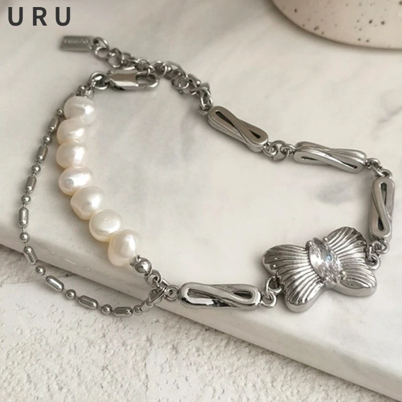

Trendy Jewelry Metal Chain Bracelet Popular Design High Quality Bowknot Natural Freshwater Pearl Charm Bracelet For Women Gifts