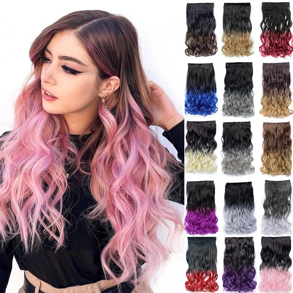 

DIFEI Synthetic Wavy Hair Extension Long Hairstyles 5 Clip In Hair Extension 22Inch Heat Resistant Hairpieces Ombre Brown Black