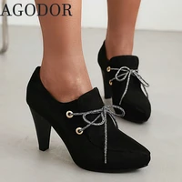 agodor fashion women pointed toe pumps lace up all match block high heel women shoes new casual pumps 2022 heels for women