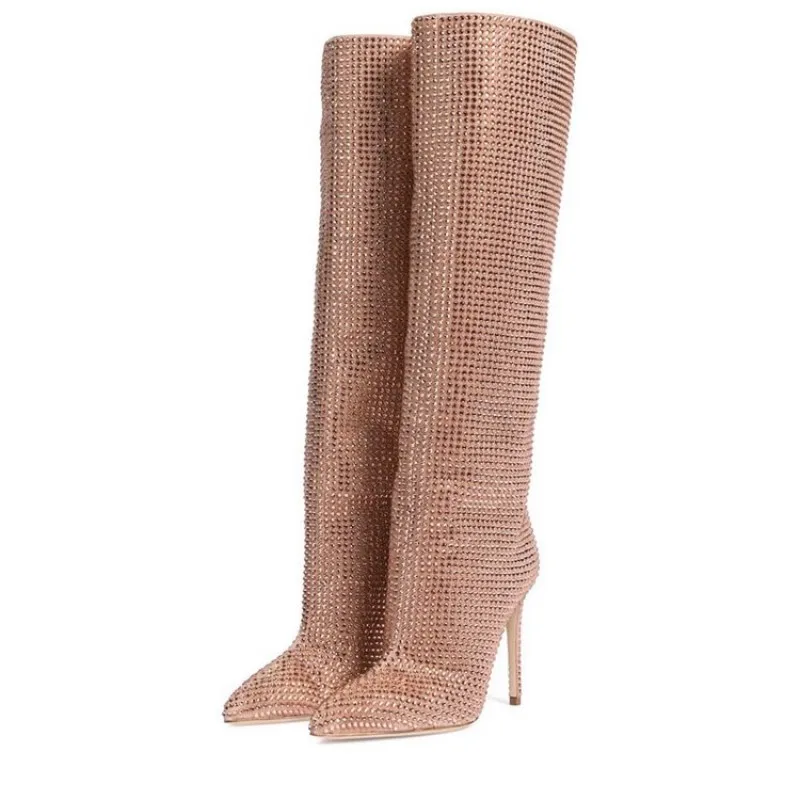 

Дизайнерские стразы, высокие сапоги до колена с острым носком на высоком каблуке, женские роскошные длинные сапоги на шпильке, подарок на Ро...
