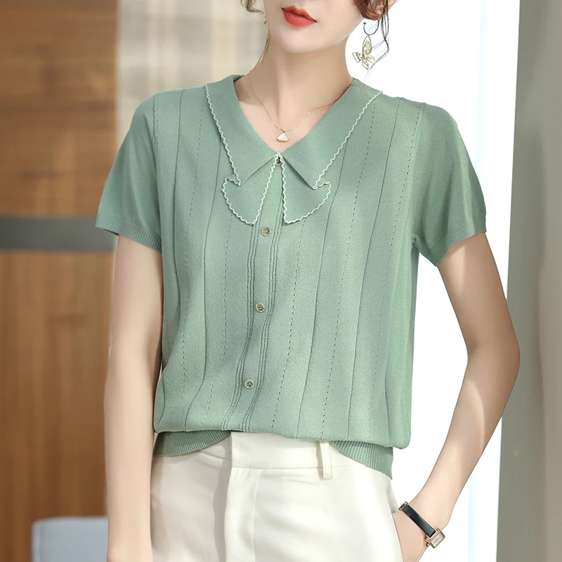 

2022 New Summer Women solid color Sweater T-shirt lapel Casual Short sleeve Top Female Knitted Pullover Women Clothing