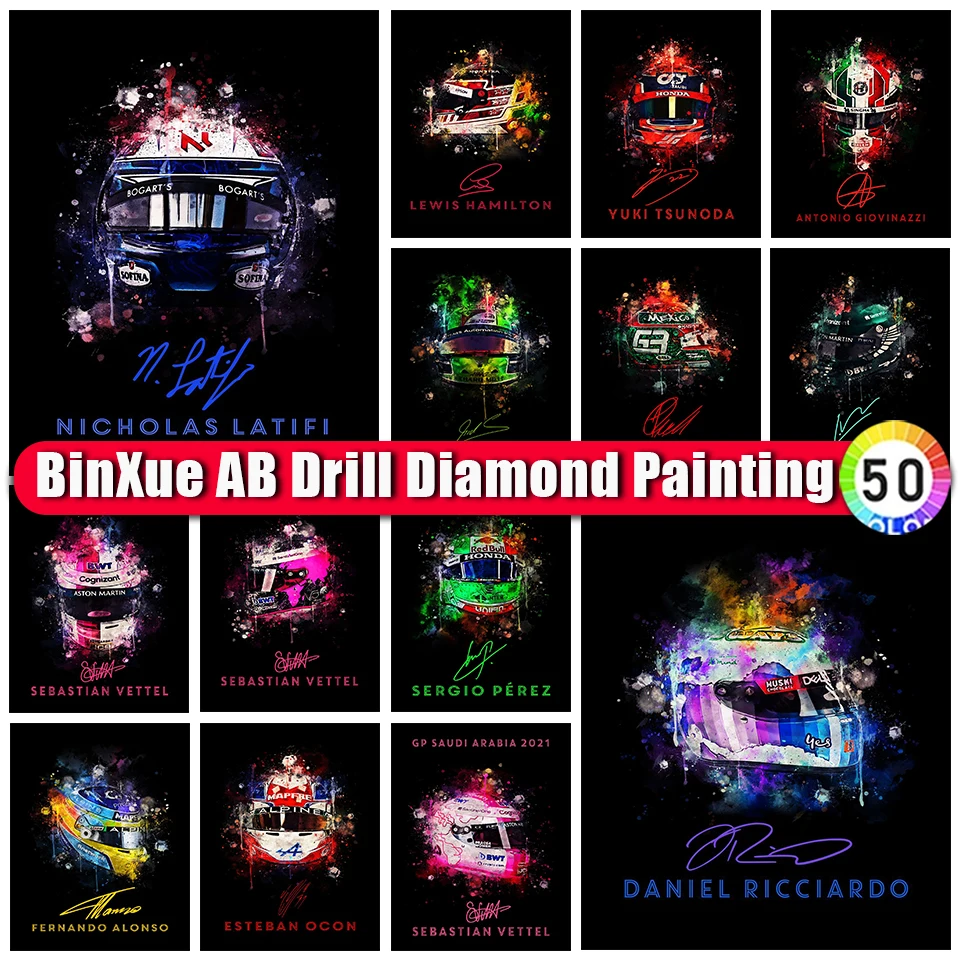 

BinXue Красочный F1 гоночный шлем AB алмазная живопись гонщик Подпись Вышивка крестиком текст ручной работы DIY Мозаика Искусство домашний Декор подарок