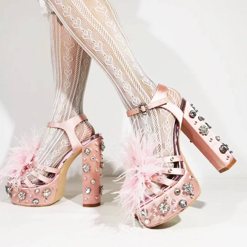 Pink Satin Fur Crystal Chunky Heel Sanals Metal Studded Rhinestone String Bead Ankle Strap Platform Summer Wedding Shoes