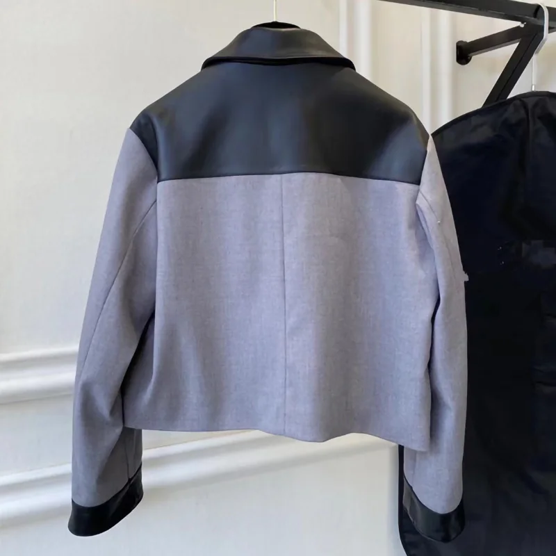 2023 Women's Real Leather Jackets Patchwork Zipper Luxury Short Coats Elegant Fashion Autumn Winter ZM4973