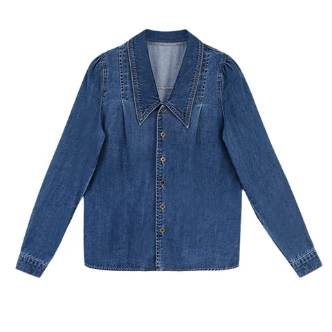 Женская винтажная Джинсовая блузка, Повседневная Свободная короткая джинсовая рубашка с острым воротником и длинным рукавом, весна-осень 2023