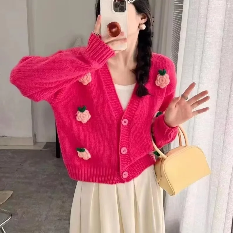 Романтический вязаный кардиган с 3D цветами женская куртка v-образным вырезом и