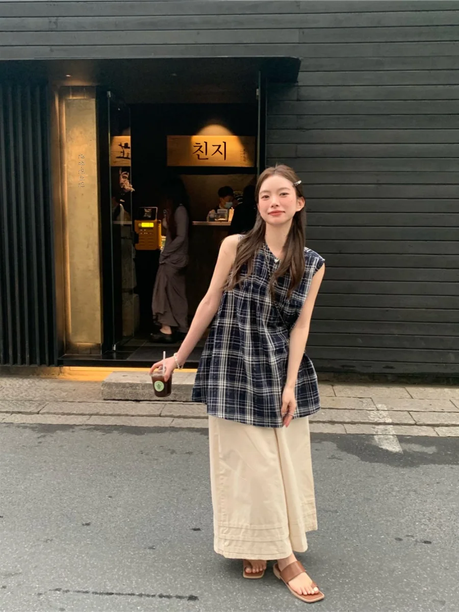 Модные японские рубашки в клетку для женщин Новинка лета 2024 свободный милый и