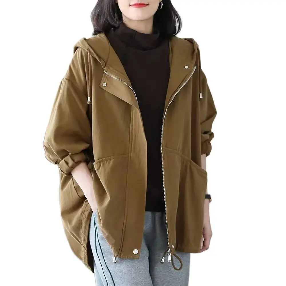 

Тренчкот женский с капюшоном, Повседневная ветровка в Корейском стиле, свободная верхняя одежда на подкладке, большой размер 4XL, весна-осень 2023