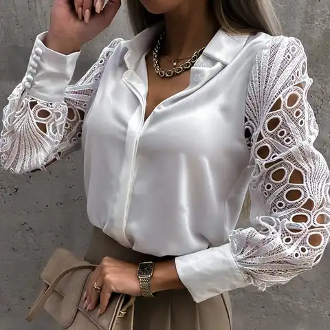 White Sexy Lace Hollow Out Women Blouse 2023 Spring Black Vintage Button Up Shirts Top Long Sleeve Mesh Design Tops Femme 19948